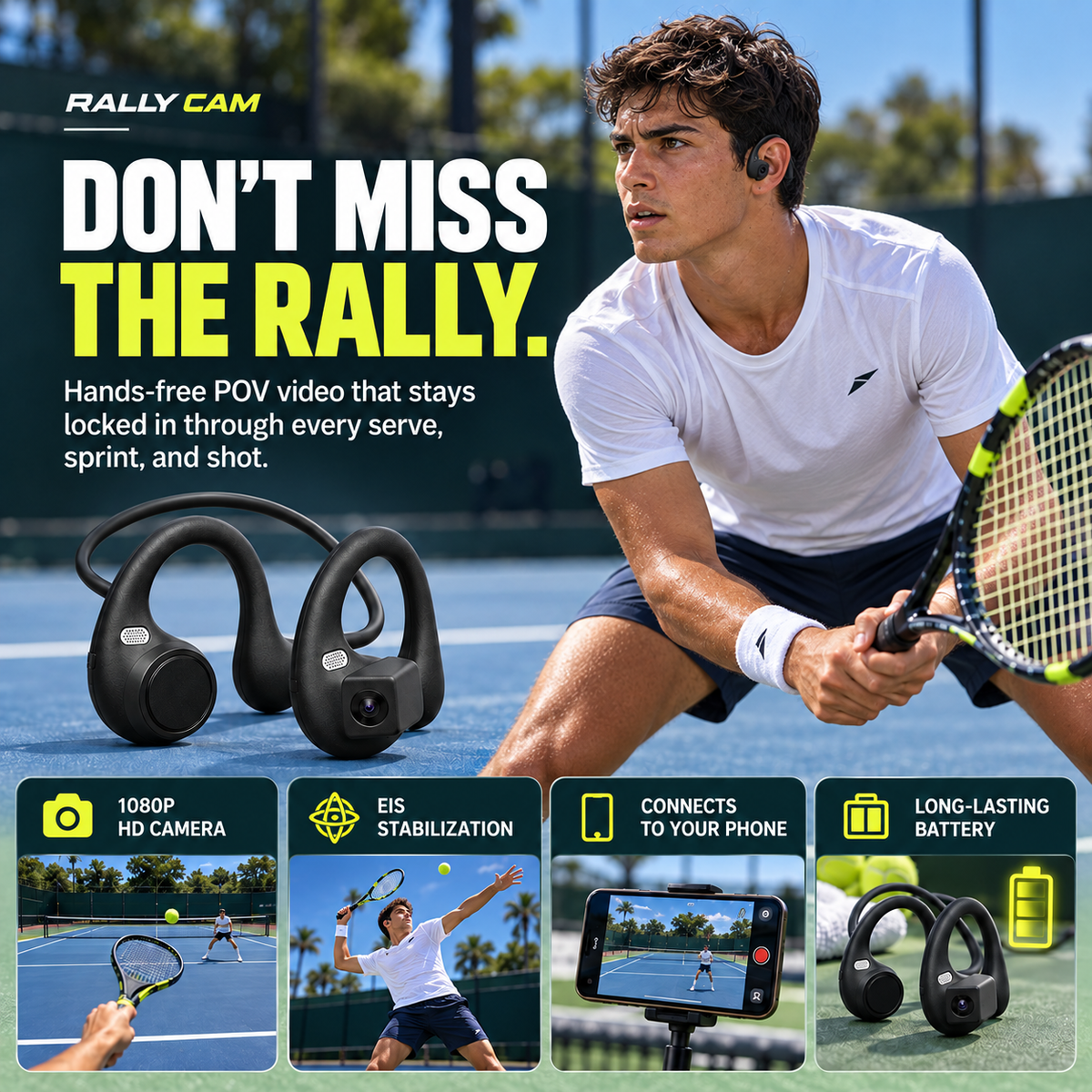 RallyCam hands-free POV camera for tennis rallies serves and sprints