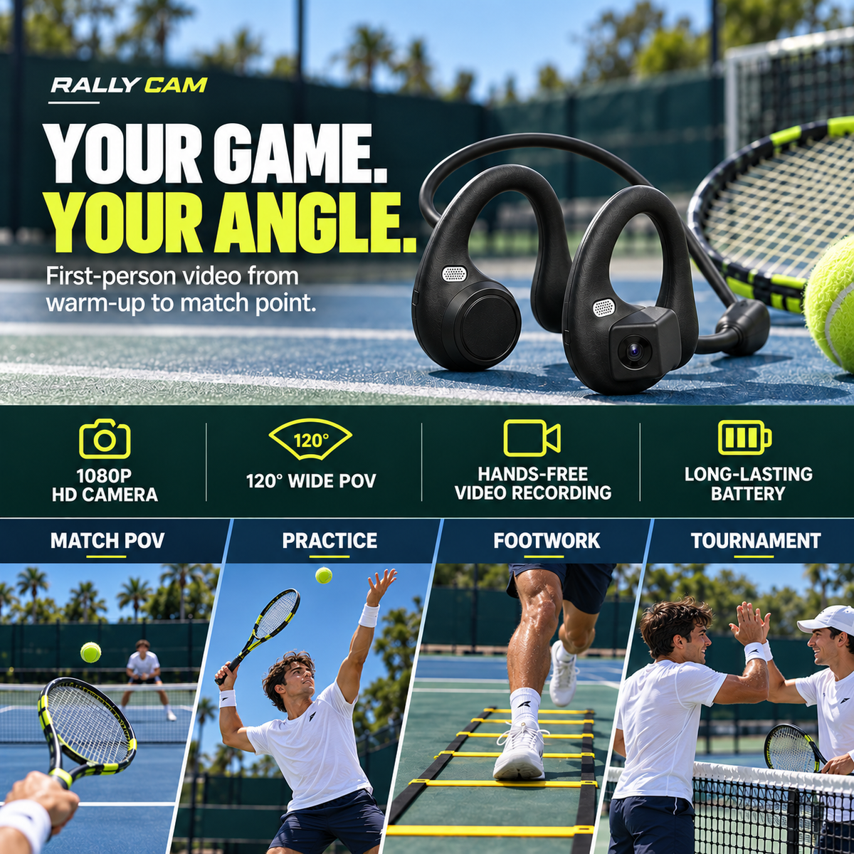 RallyCam POV camera for tennis matches practice and footwork